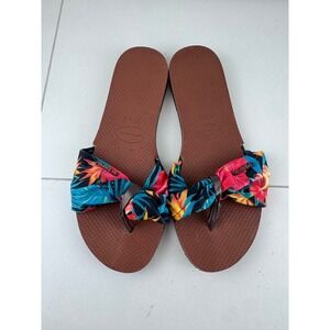 NWOT Havaianas Women St. Tropez Floral Print Thong Flip Flop Sandals Brown 37-38